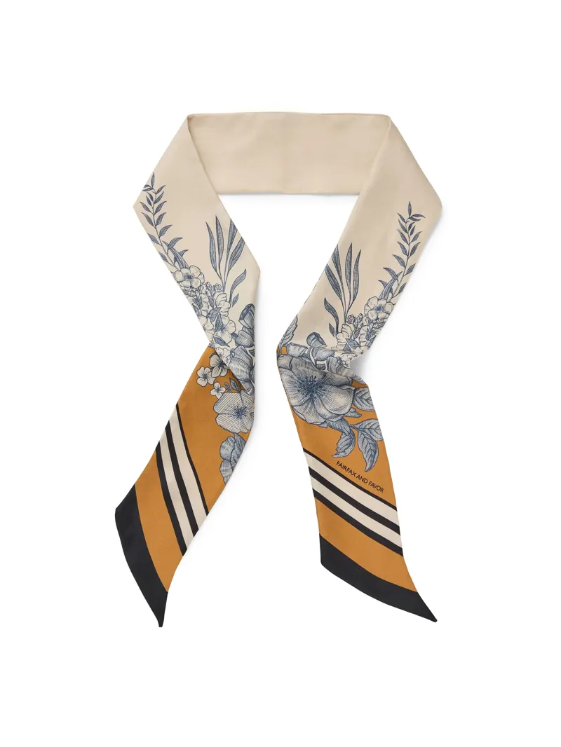 Fairfax and Favor Mannington Twill Silk Scarf in White/Navy/Orange
