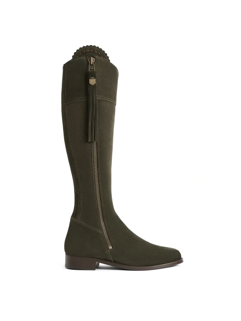 Fairfax and Favor Regina Flat Boot Regular Fit in Moss Green Suede