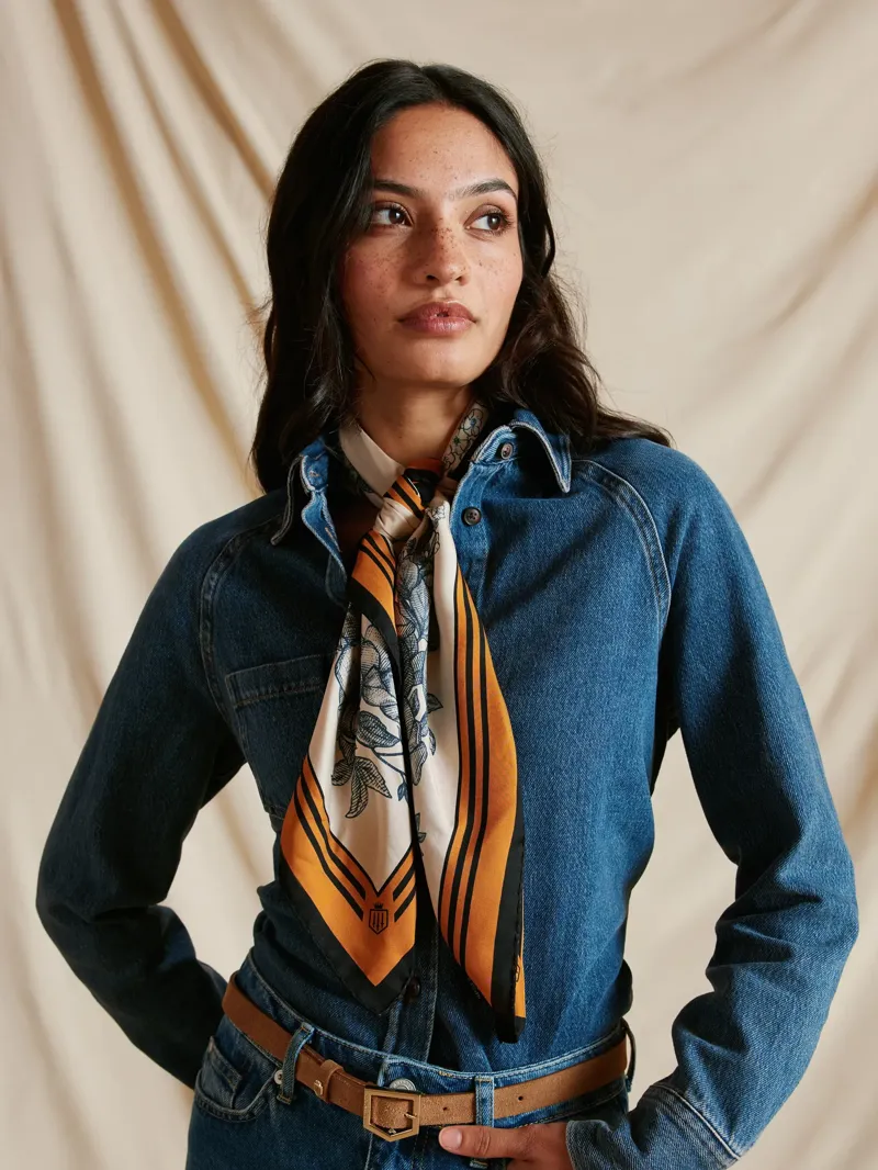 Fairfax and Favor Mannington Silk Scarf in White/Navy/Orange-2