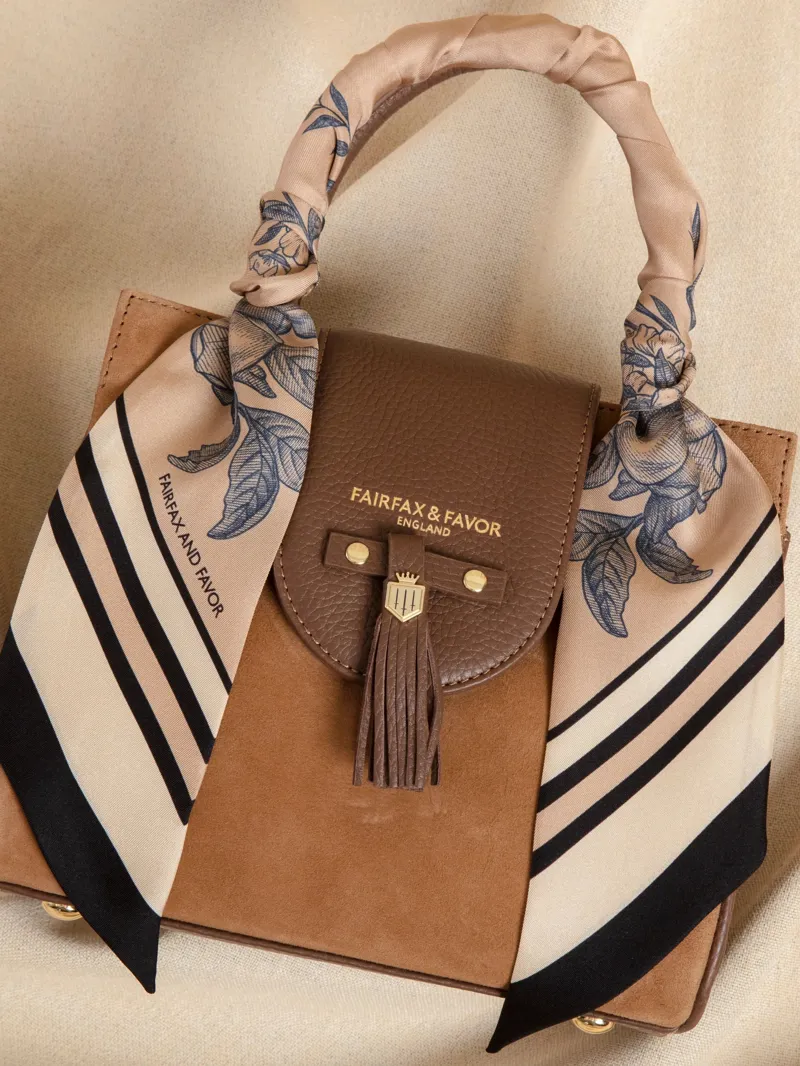 Fairfax and Favor Mannington Twill Silk Scarf in Beige/Navy/Black-3