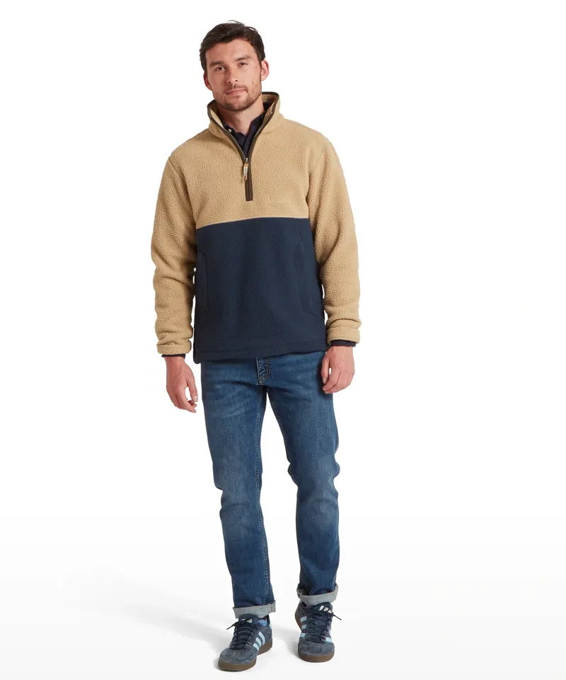 Schoffel Berkeley Retro Quarter Zip Fleece in Tan/True Navy-2