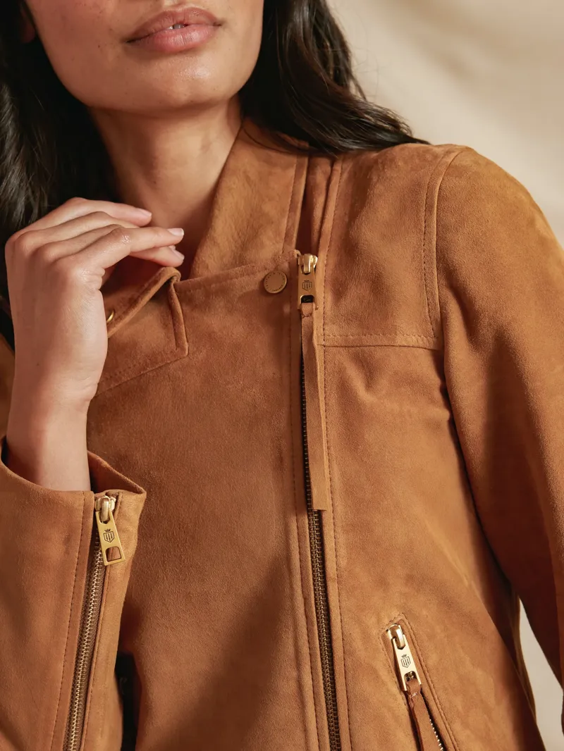 Fairfax and Favor Thea Biker Jacket in Honey Tan Suede-4