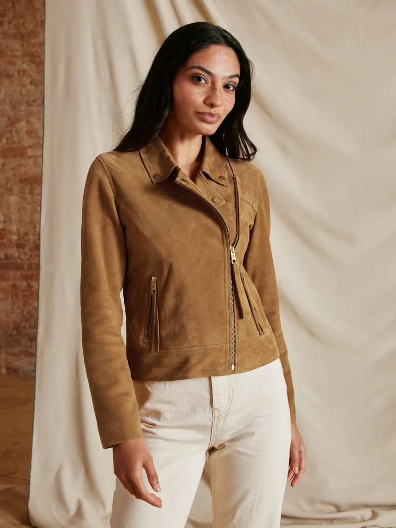 Fairfax and Favor Thea Biker Jacket in Honey Tan Suede-2