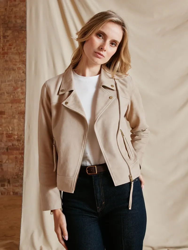 Fairfax and Favor Thea Biker Jacket in Stone Suede-2